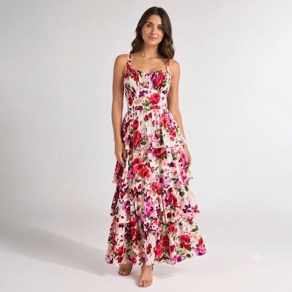 Abercrombie & Fitch Maxi Dress Women Small White Floral Tiered Tie Back Romantic